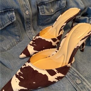 Jessica Simpson Brown and Cream Cow Print Mules